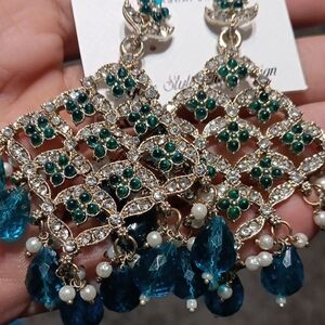 Gold and Teal Chandelier Earrings
